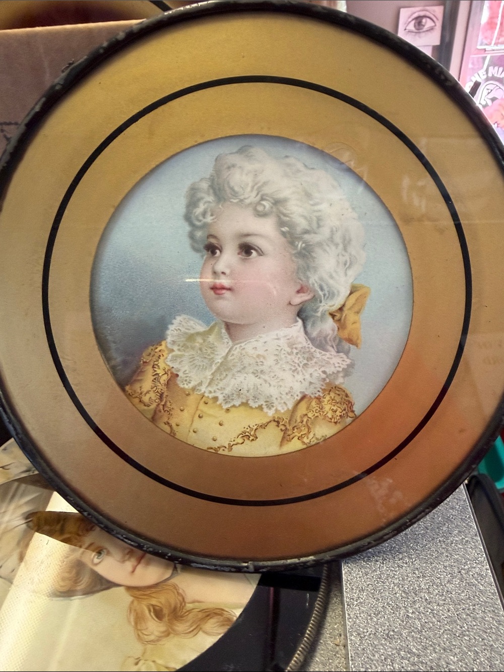 Antique Victorian Chromolithograph Portrait of Young Girl – Gold & Black Frame